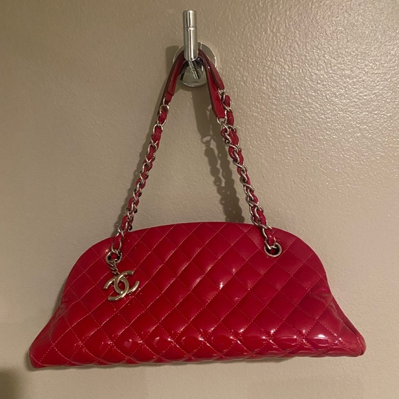 Chanel Red Quilted Patent Leather Just Mademoiselle Large Bowling Bag